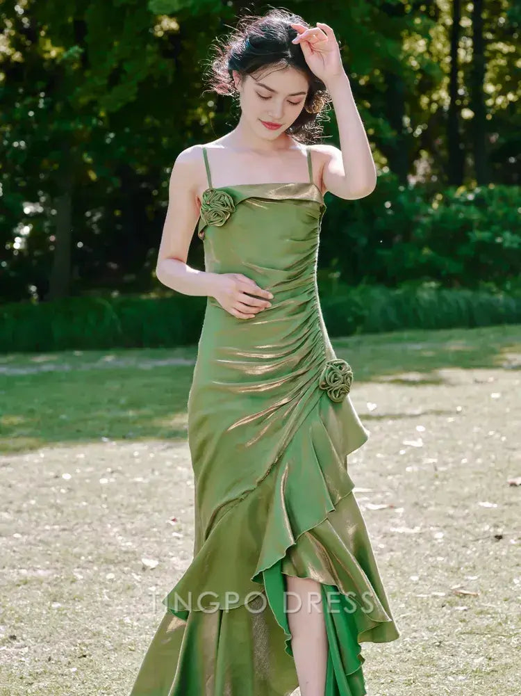 TingPo Wholesale Elegant Green Floral Mermaid Skirt Flounce Hem Summer Cami Dress